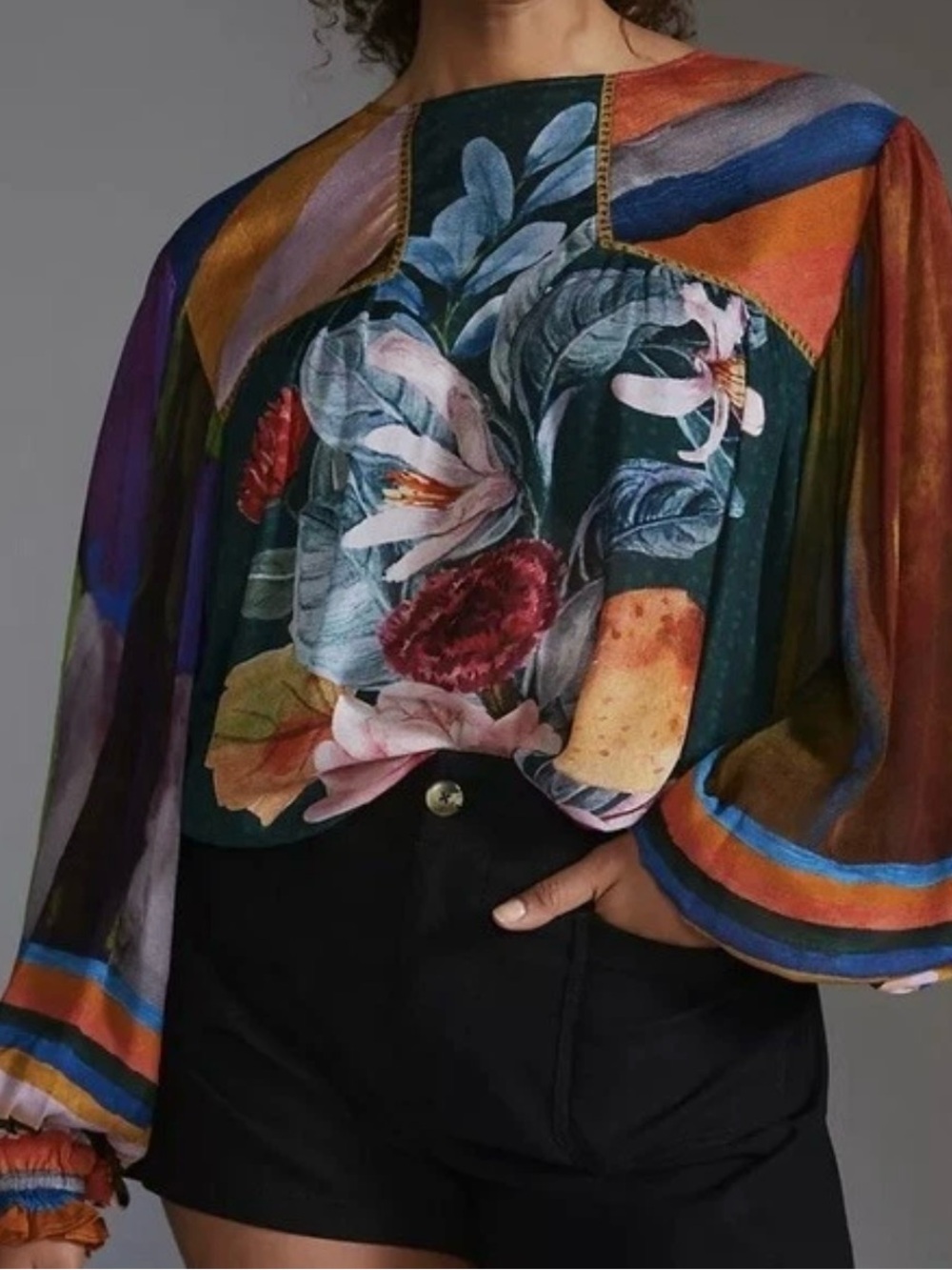 Floral Multi‑Color Balloon Sleeve Blouse — Green Base